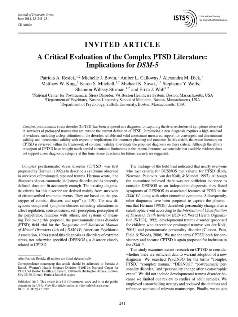 Evaluating Complex PTSD for DSM-5 | PDF | Complex Post Traumatic Stress ...