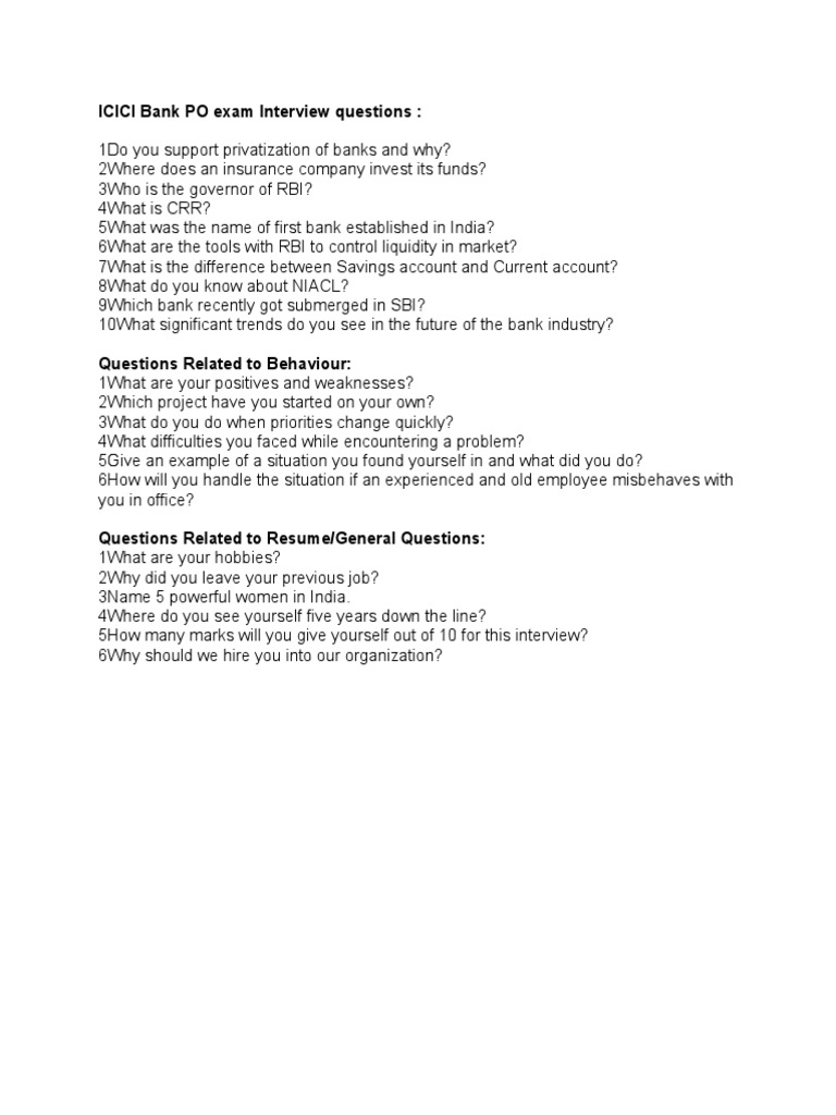 ICICI Bank PO Interview Questions Guide | PDF | Business | Self-Improvement