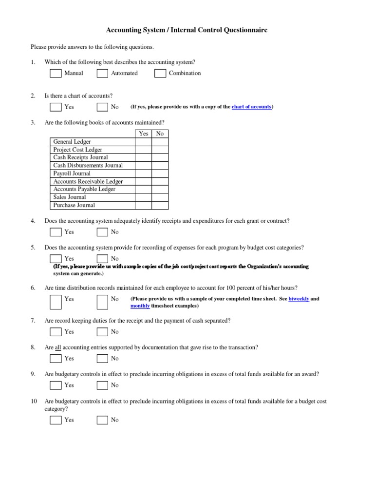 Accounting System / Internal Control Questionnaire: Chart of Accounts | PDF