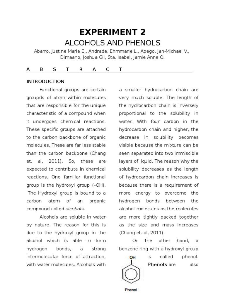 Experiment 2 Alcohols and Phenols Alcohol Properties Of Water