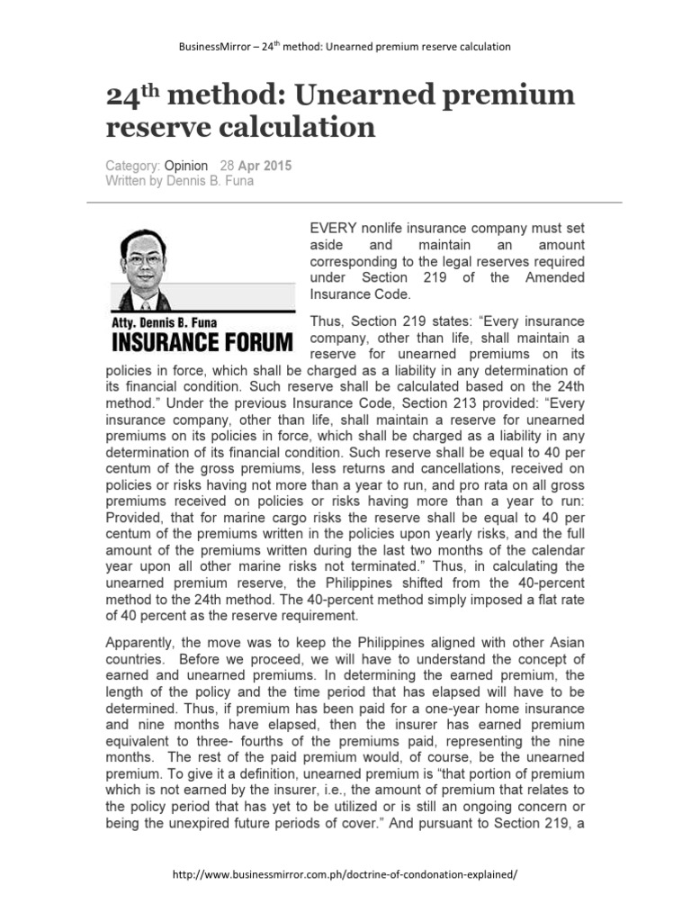 24 method unearned premium reserve calculation category 28 apr 2015
