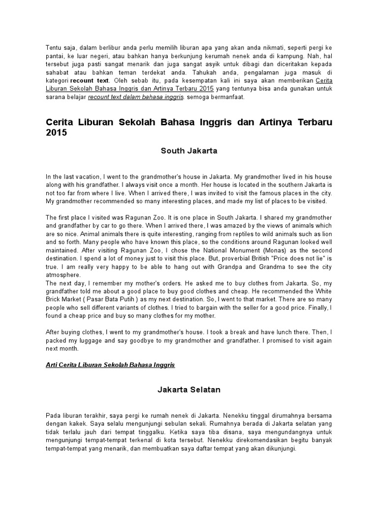 Cerita Liburan Sekolah Bahasa Inggris Dan Artinya Terbaru 2015 Languages Language Arts Discipline