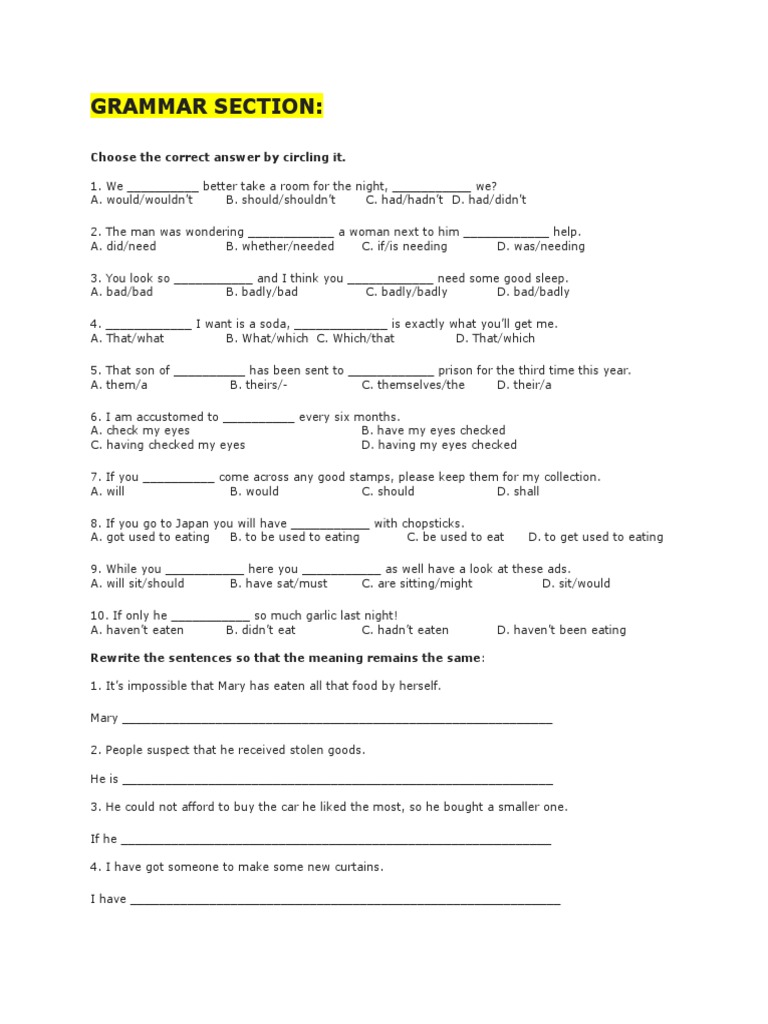 Grammar Section:: Choose The Correct Answer by Circling It | PDF