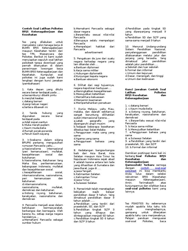 Contoh Soal Latihan Psikotes BPJS Ketenagakerjaan dan