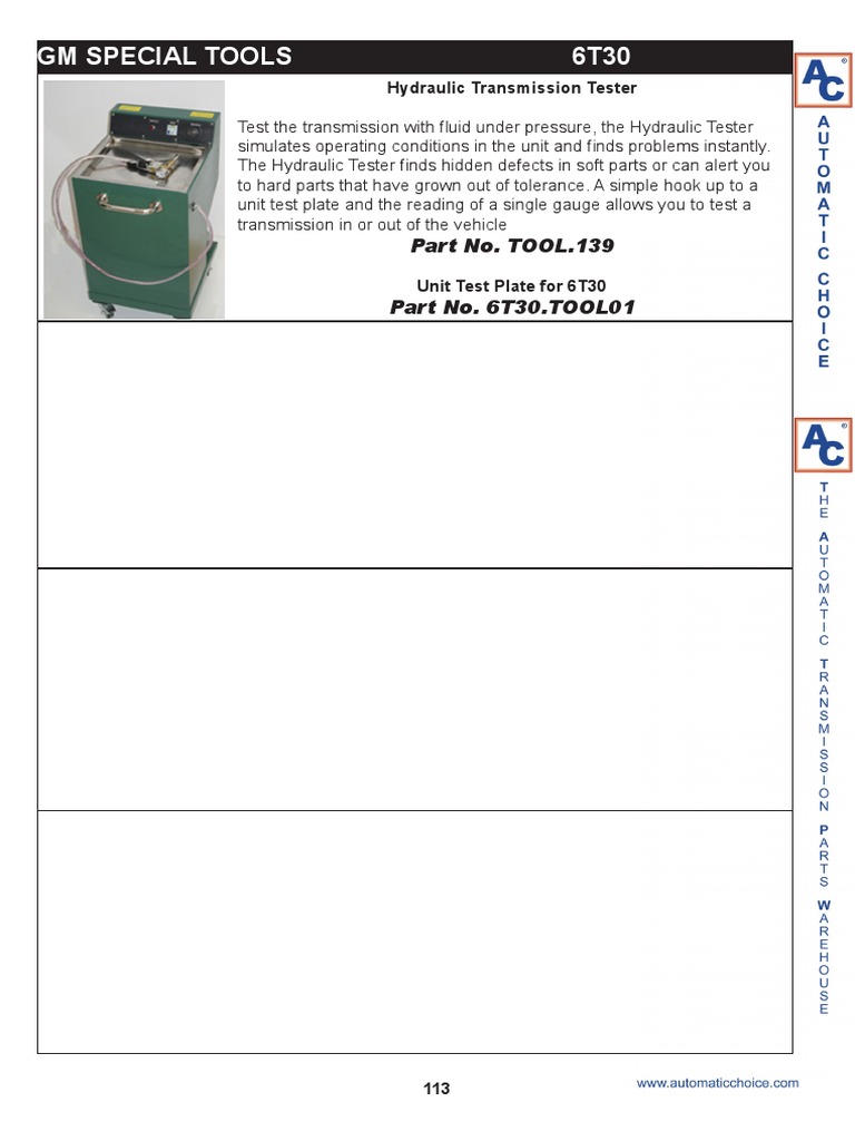 GM Special Tools 6T30 Part No. TOOL.139 Part No. 6T30.TOOL01 PDF