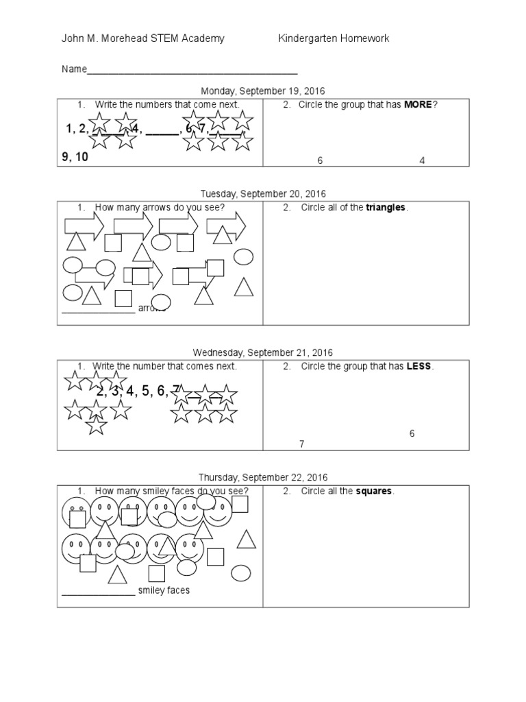 Kindergarten Math Homework Activities | PDF