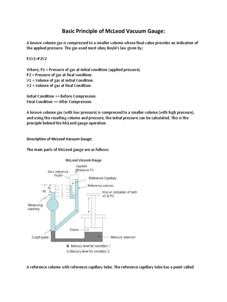 Basic Principle of Mcleod Vacuum Gauge PDF Gases Pressure Measurement