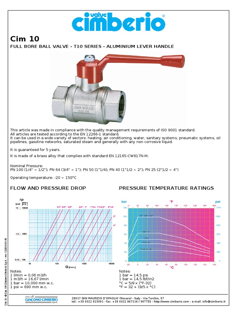 Full Bore Ball Valve T10 Series Aluminium Lever Handle Flow and Pressure Drop Pressure