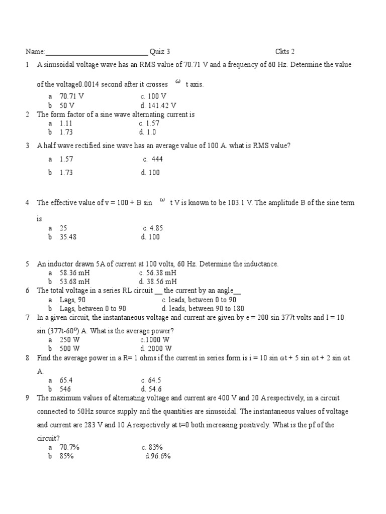 AC Circuit Analysis Quiz Questions | PDF | Series And Parallel Circuits ...