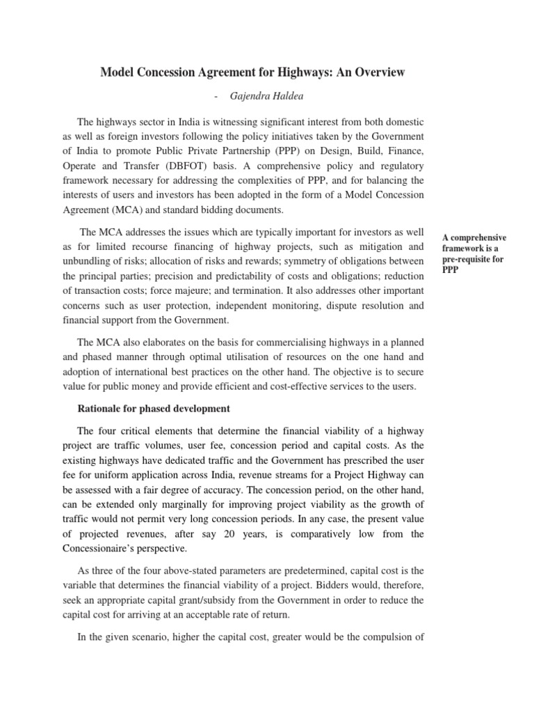 Model Concession Agreement for Highways | PDF | Public–Private ...