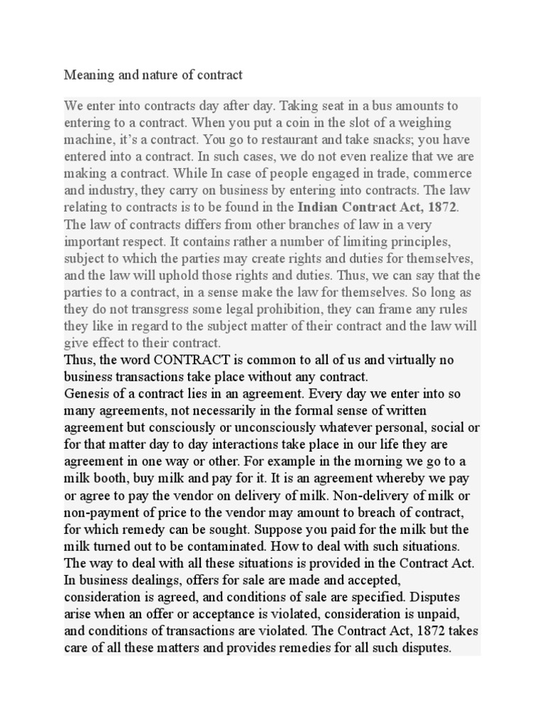 Meaning and Nature of Contract PDF Consideration Negotiable