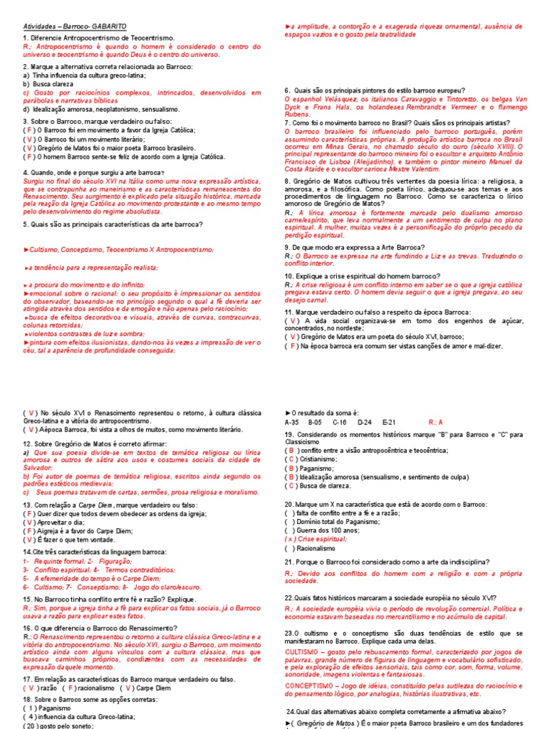 Atividades - ARTE BARROCA - GABARITO.docx | Barroco | Renascimento