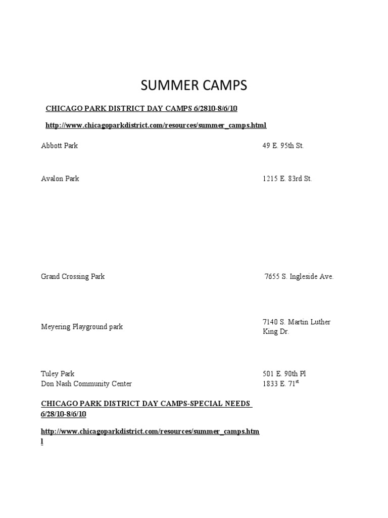 Summer Camps: Chicago Park District Day Camps 6/2810-8/6/10 | PDF ...