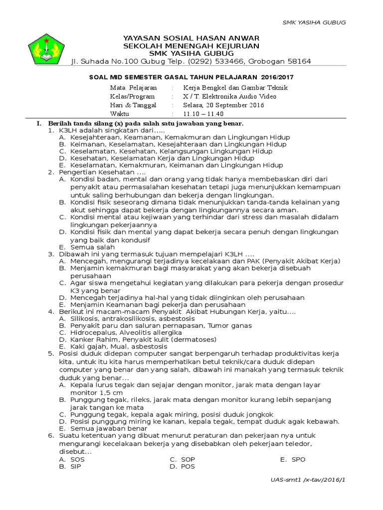 Soal Uts Kelas X Smt1 Tav Kerja Bengkel 2016 Edit