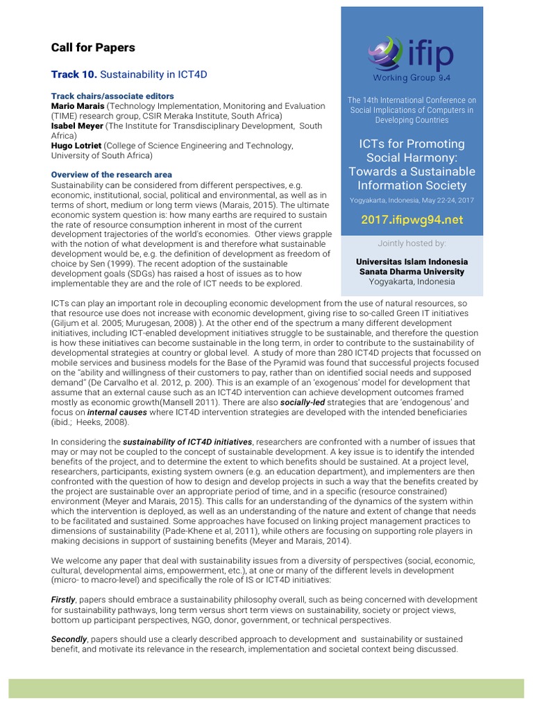Call For Papers: Track 10. Sustainability in ICT4D | PDF ...
