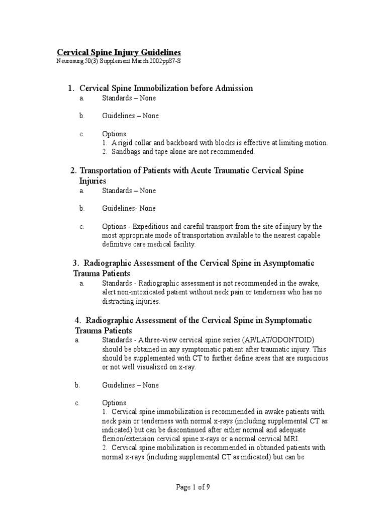 Summary of Cervical Spine Injury Guidelines | PDF | Spinal Cord Injury ...