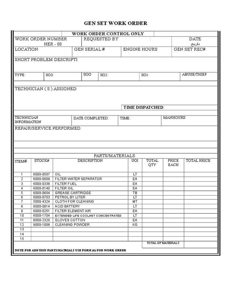 Online Generator Work Order Template | PDF | Technology & Engineering