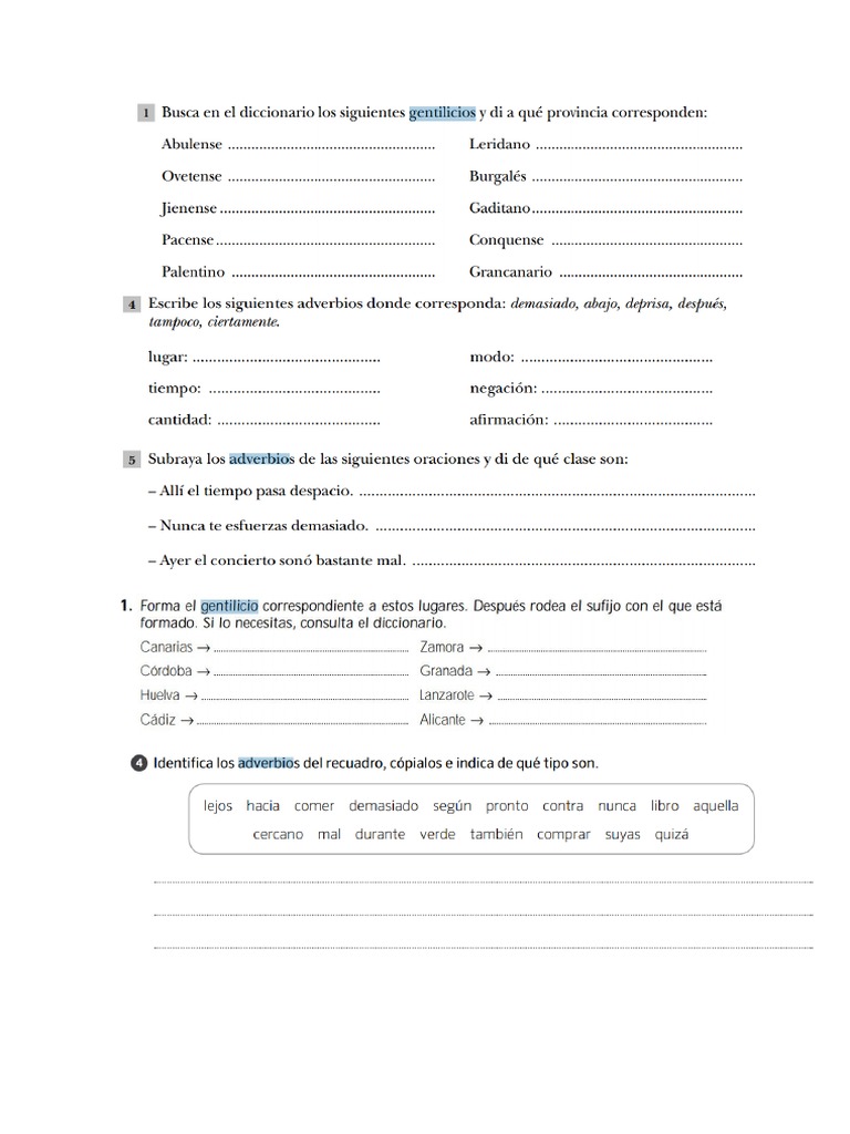 Adverbio y Gentilicios 5 Primaria | PDF