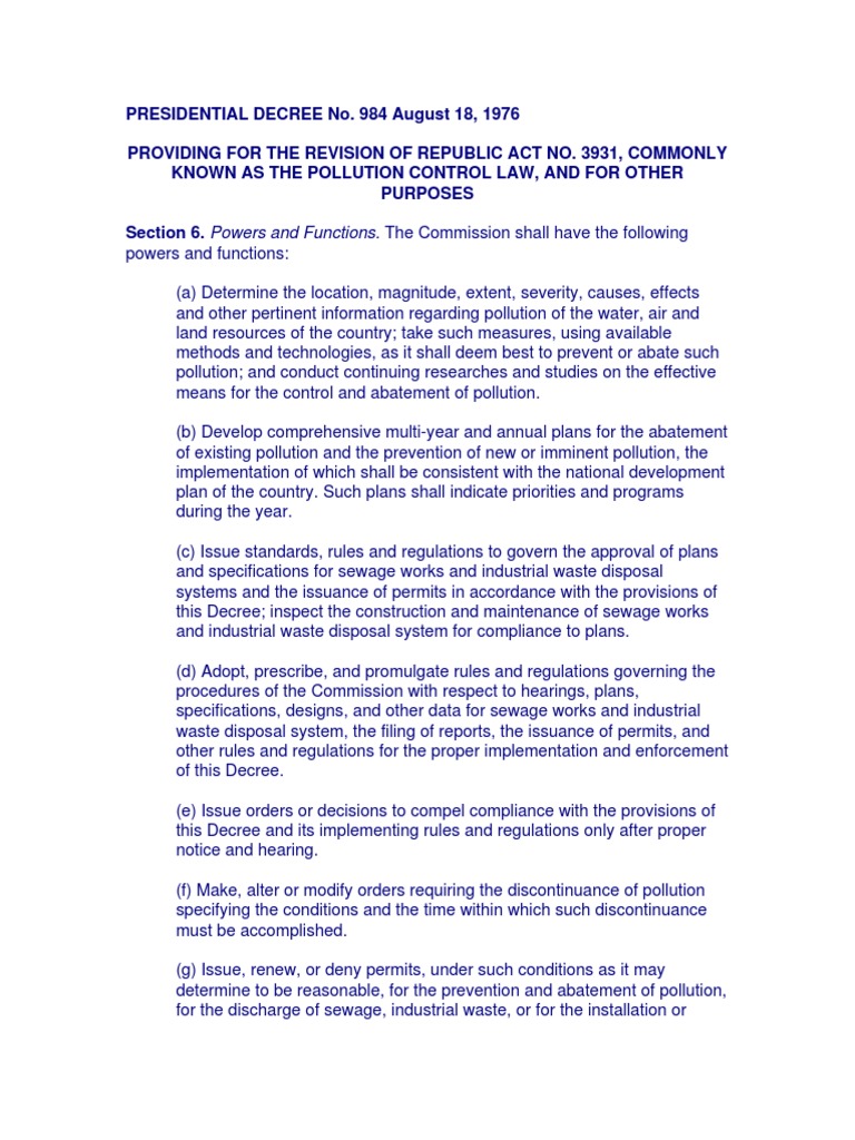 PD 984 Pollution Control Law PDF Fine (Penalty) Sewage