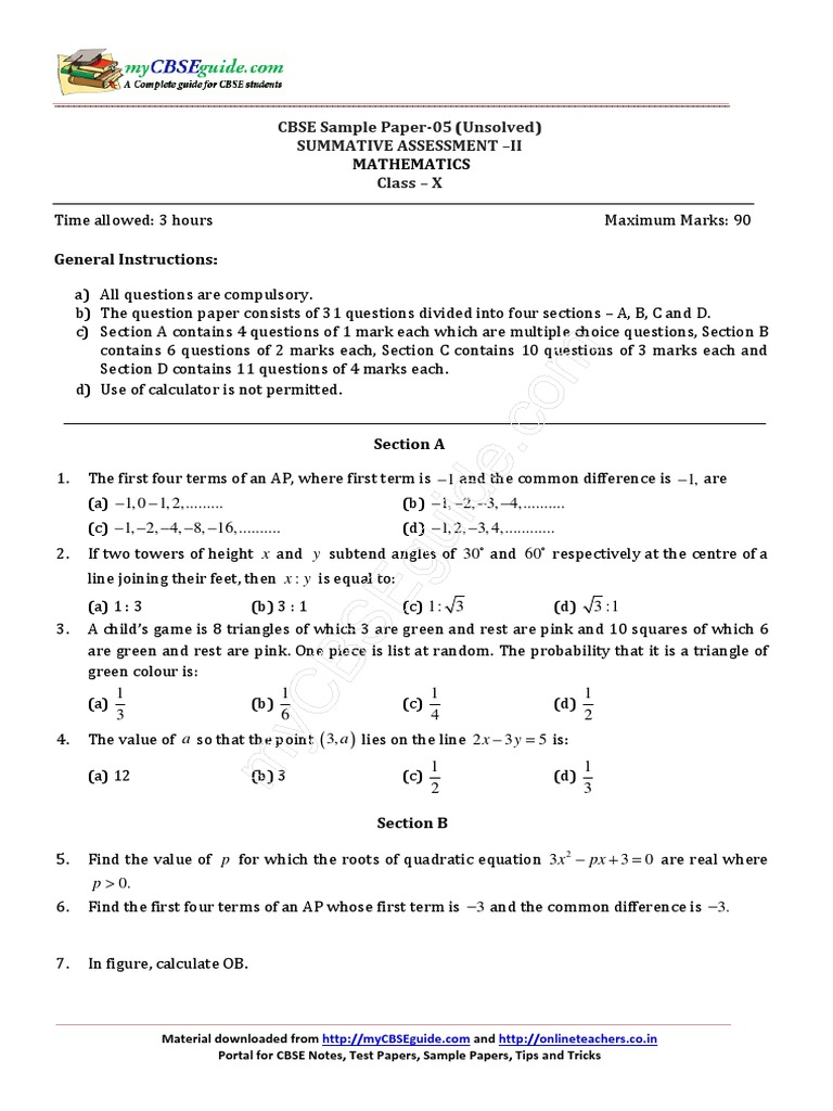 CBSE Class 10 Mathematics Sample Paper | PDF | Circle | Triangle