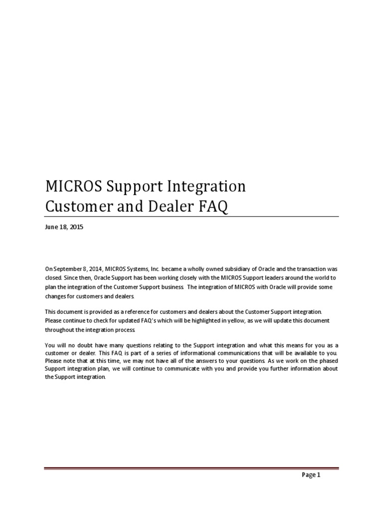 MICROS Support Integration Customer and Dealer FAQ June 18, 2015 PDF