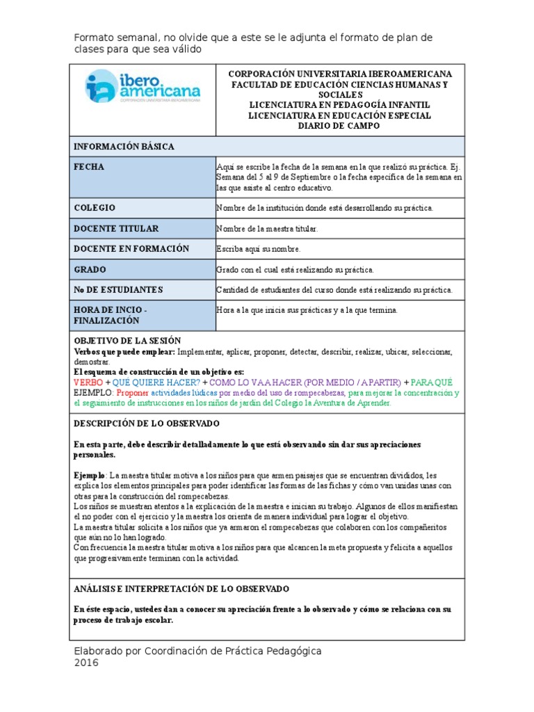 Ejemplo Diario de Campo (1) Pedagogía Aprendizaje