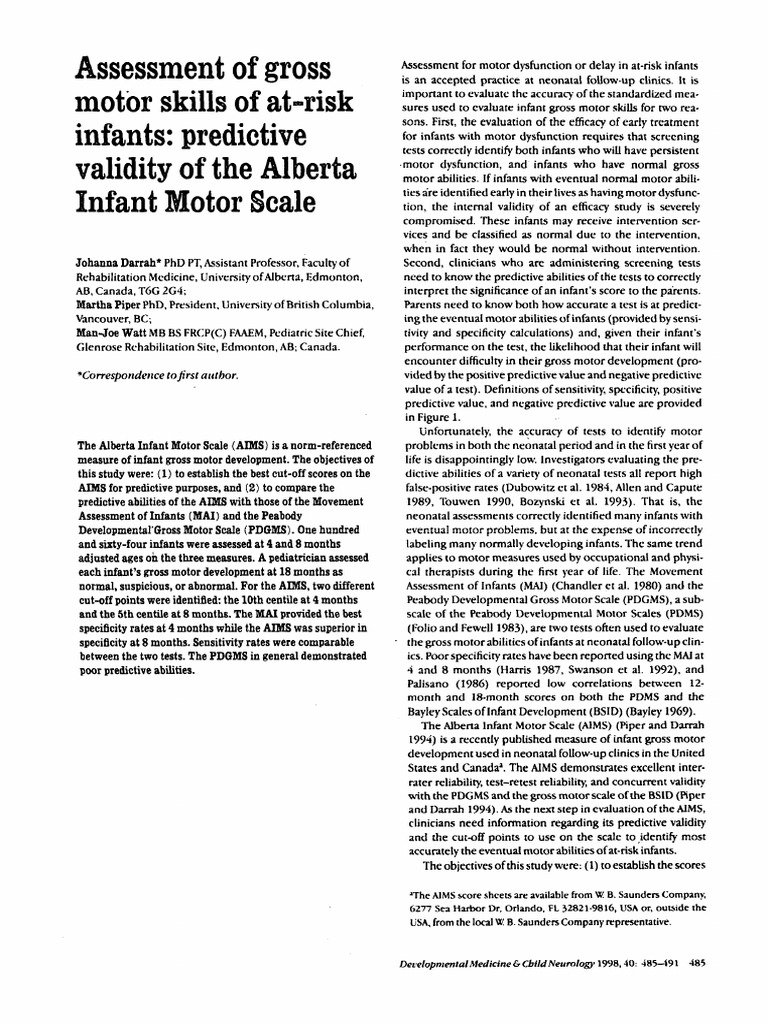 Predictive Validity of Alberta Infant Motor Scale | PDF | Sensitivity ...