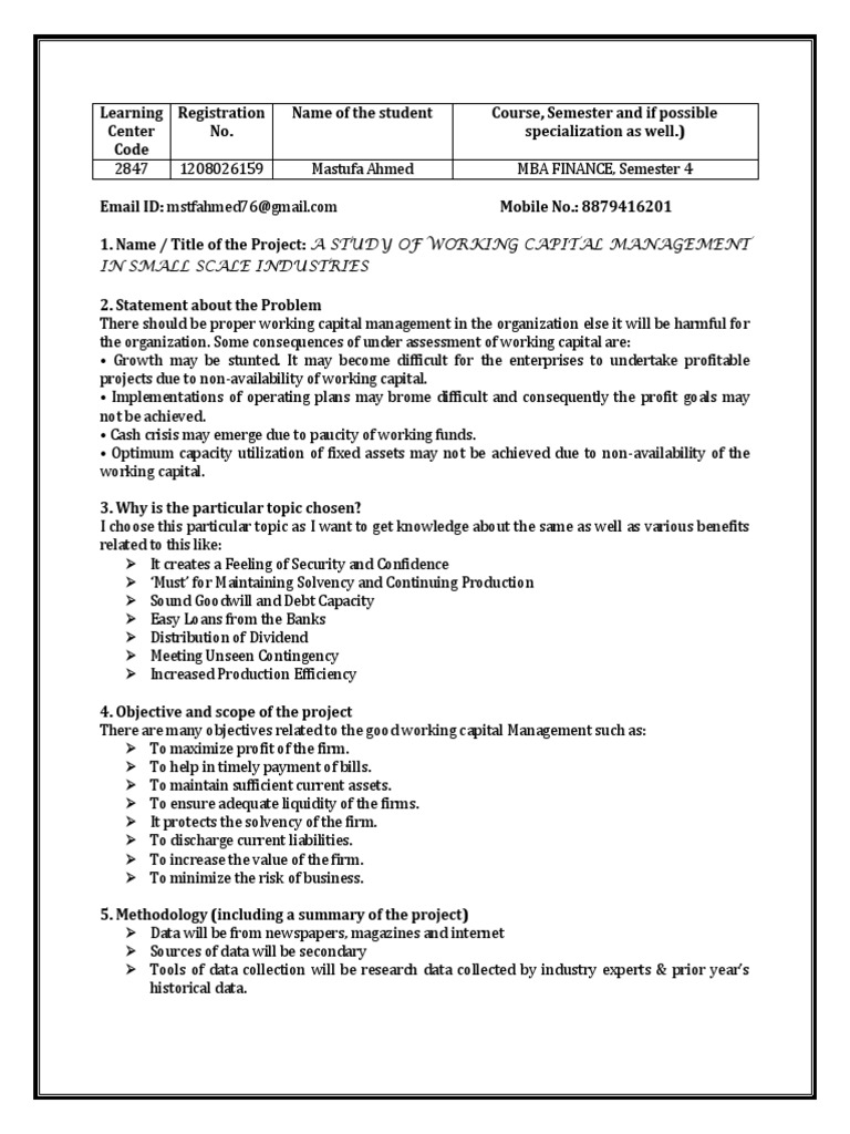 MBA Finance Synopsis for PROJECT REPORT | Working Capital | Capital ...
