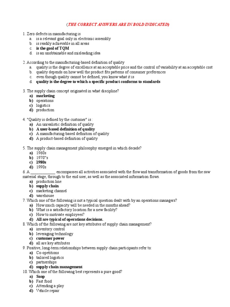 131 Mcqs Pdf Supply Chain Operations Management