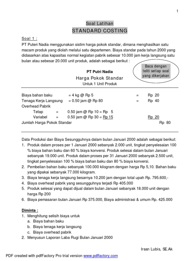 Soal Latihan Standar Costing Pdf Pdf