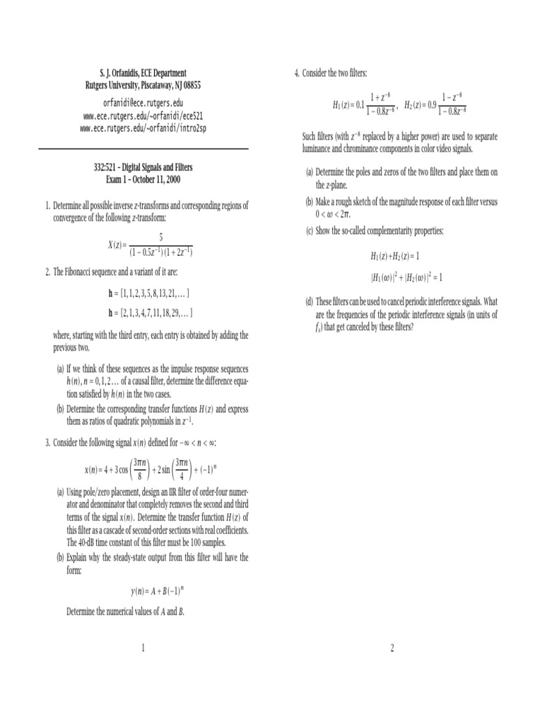 Rutgers ECE Prof Orfanidi's Digital Filters Exam 1 Questions PDF