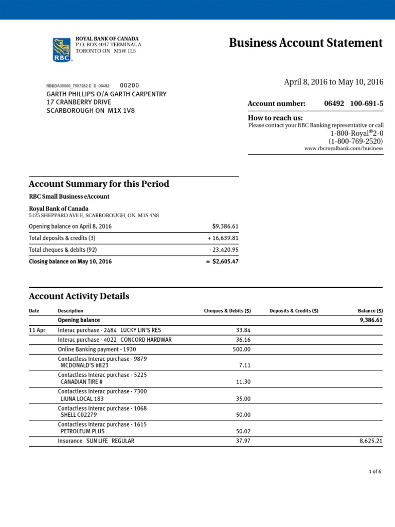 RBC Business Account Statement Summary | PDF | Payments | Debits And ...
