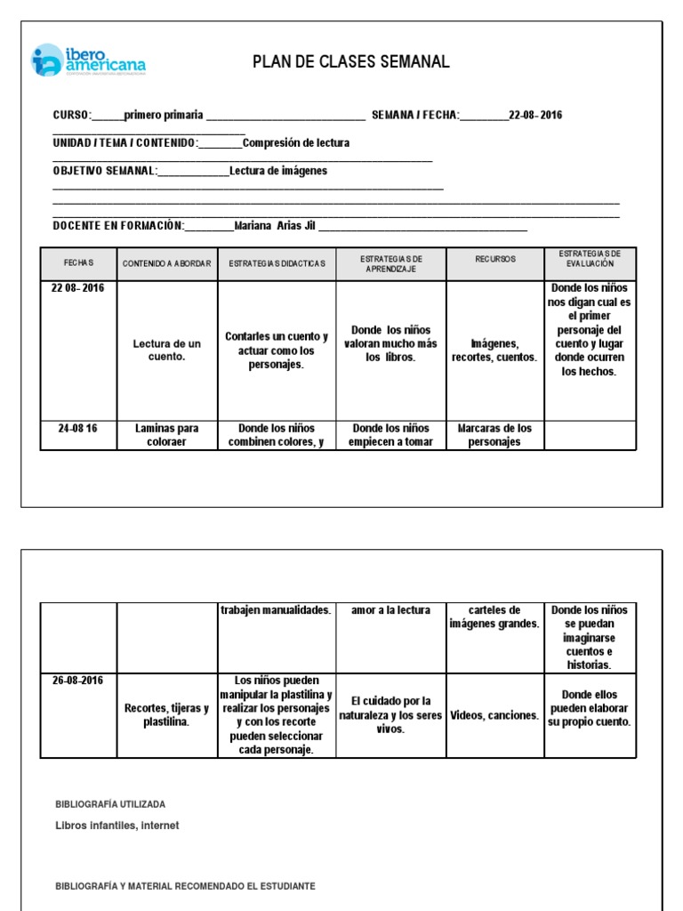 Plan de Clases para Primer Grado | PDF