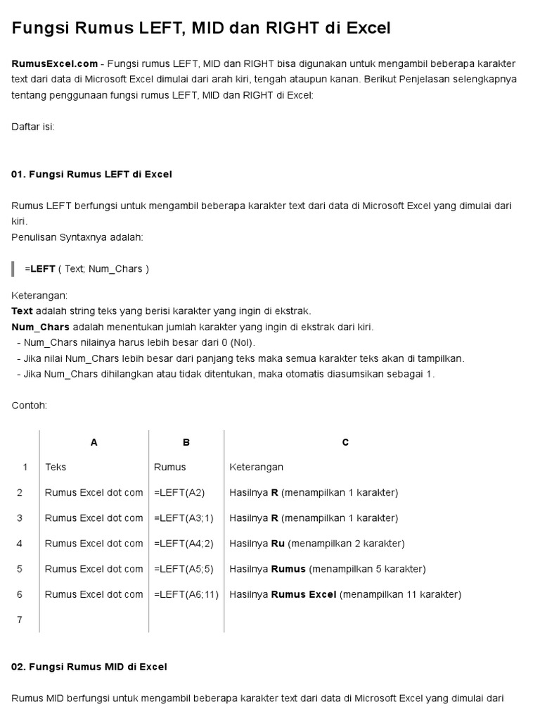 Fungsi Rumus Left Mid Dan Right Di Excel Pdf