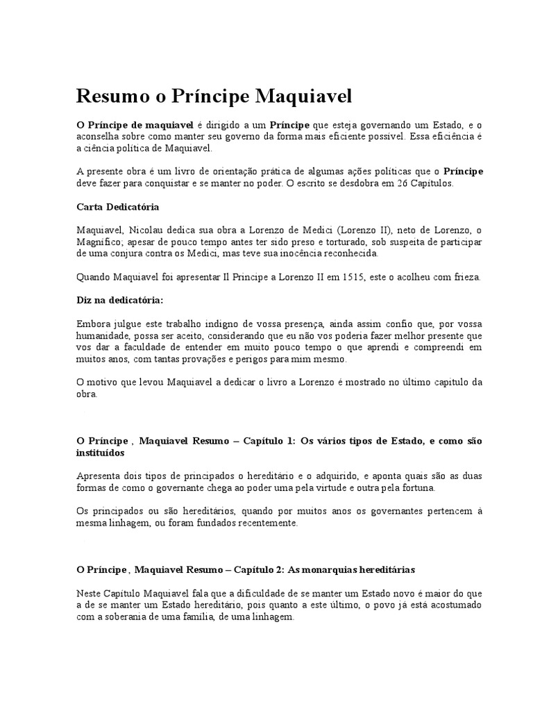 Resumo Por Capitulo Do Livro O Principe De Maquiavel