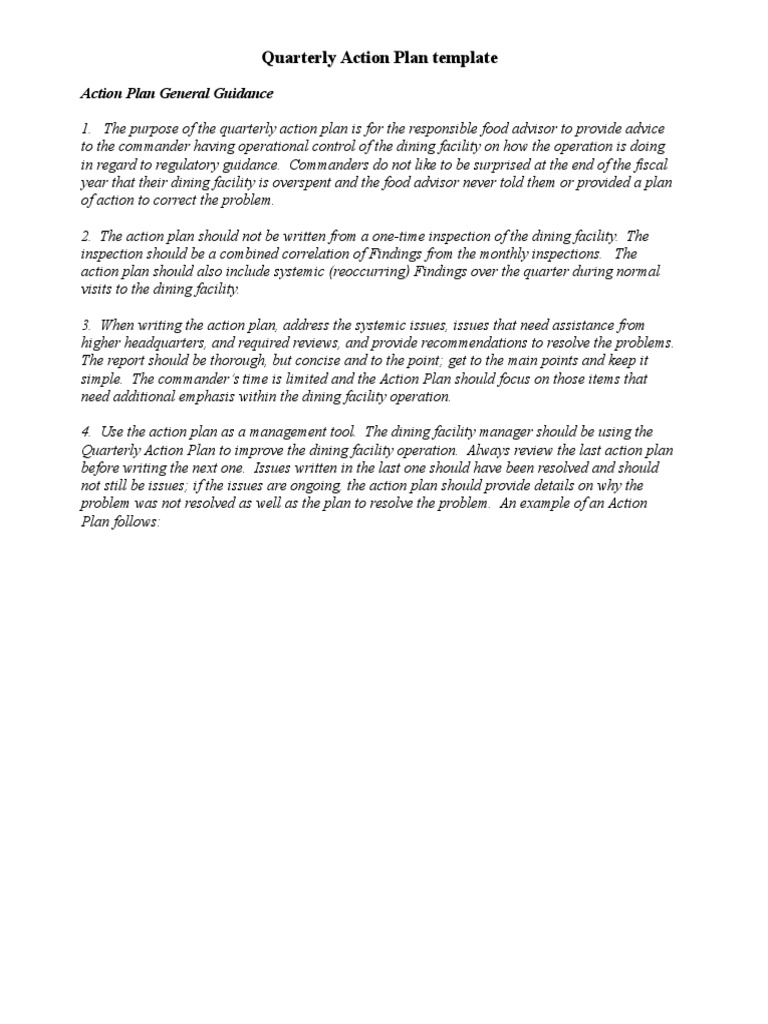 Quarterly Action Plan Template for Dining Facilities | PDF | Hand ...