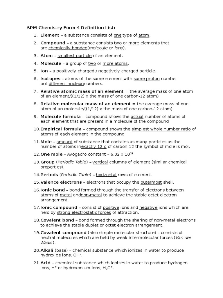 SPM Chemistry Definition List PDF Molecules Atoms