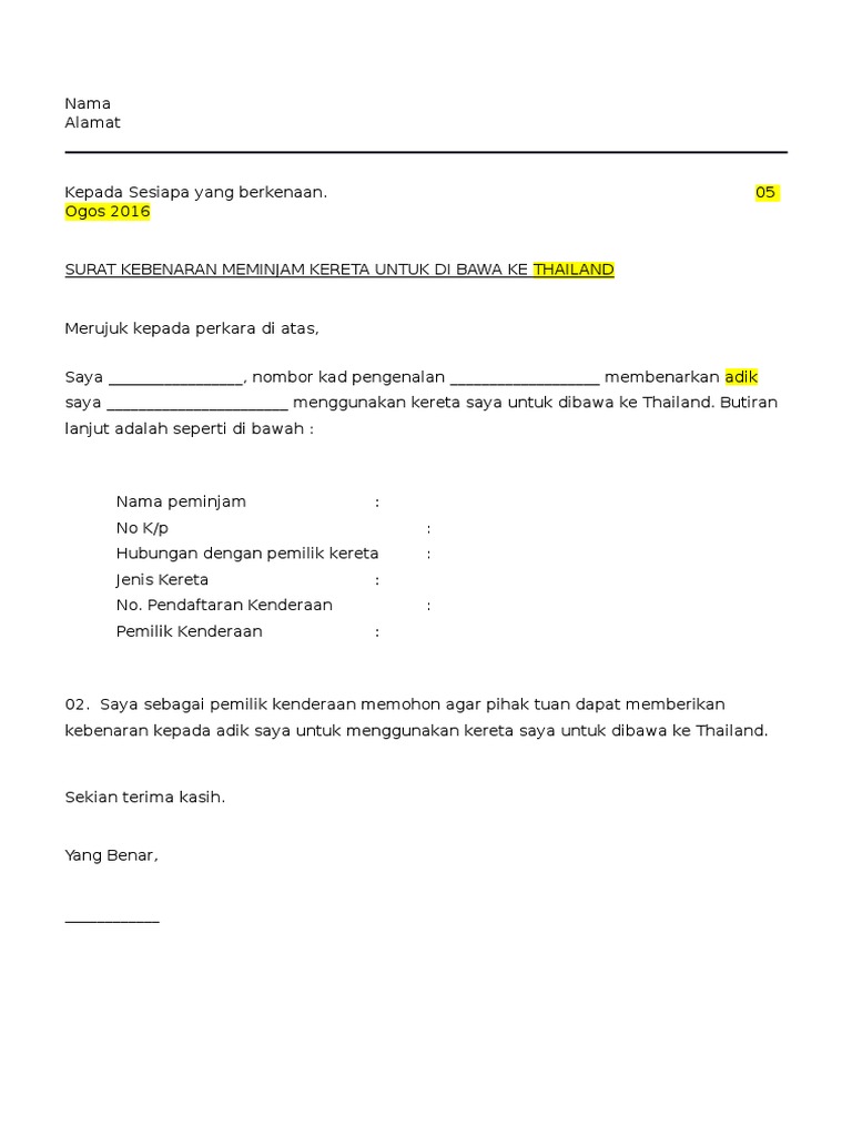 Surat Kebenaran Bawa Kenderaan Ke Thailand | Pdf