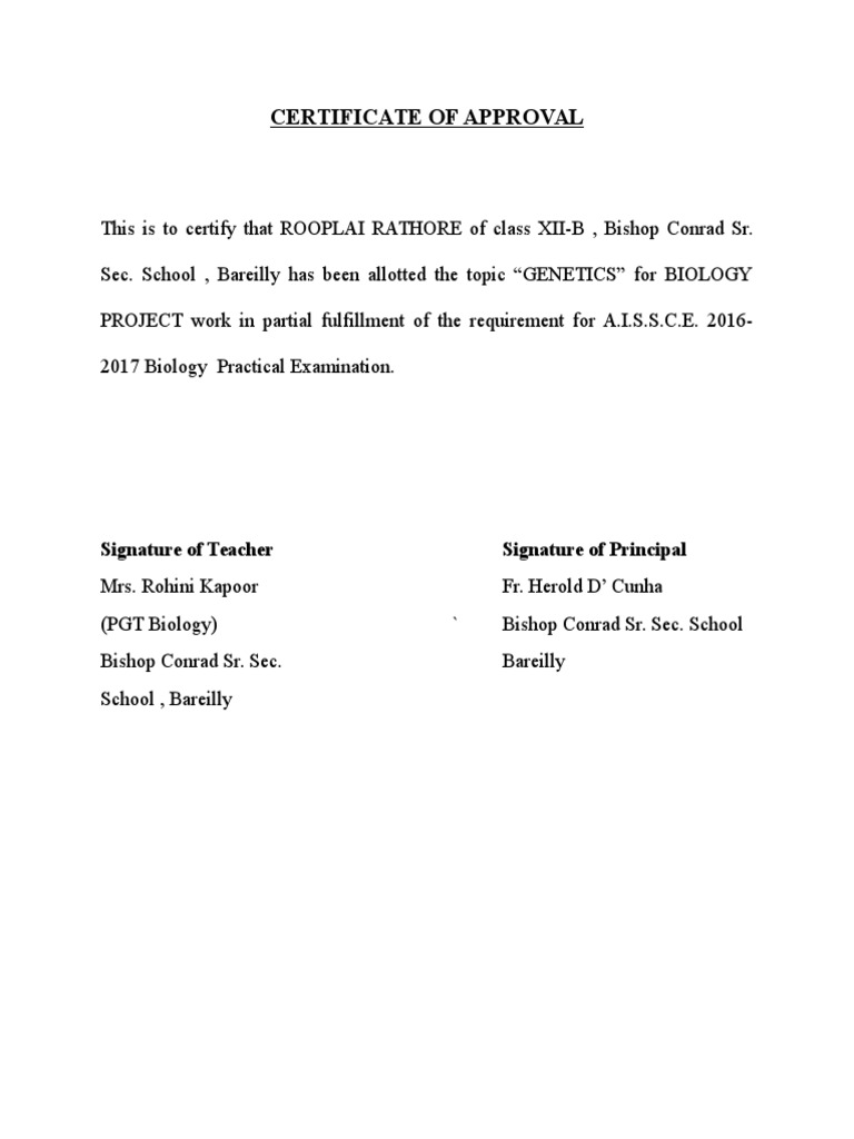 Certificate of Approval for Biology Project | PDF | Science & Mathematics