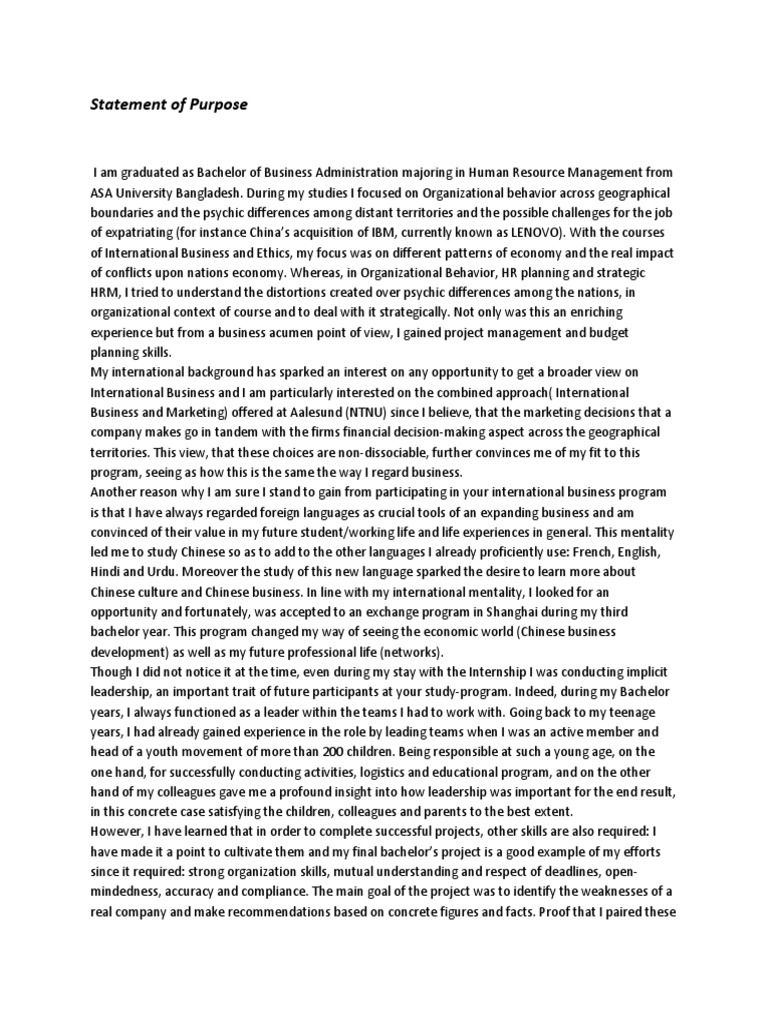 Statement of Purpose for MBA in International Business | PDF ...