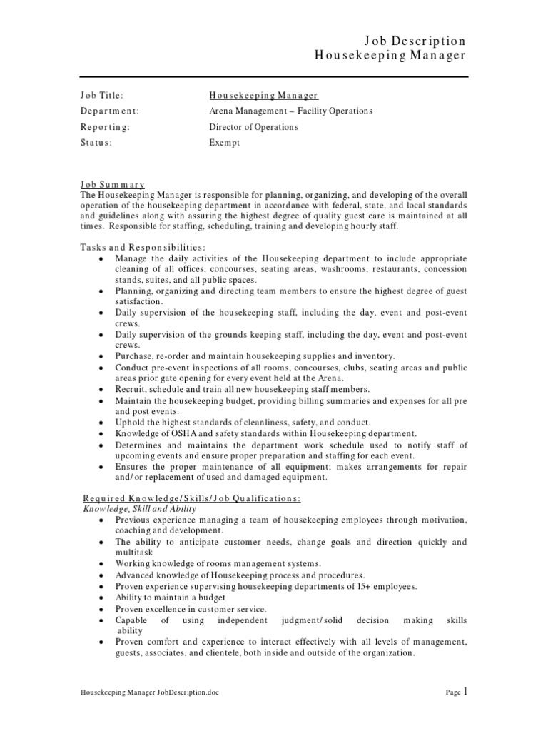 Job Description Housekeeping Manager Housekeeping Employment
