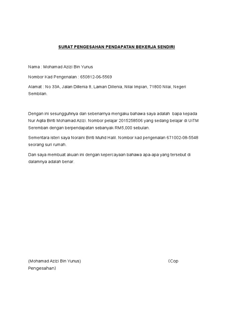 Surat Pengesahan Pendapatan Bekerja Sendiri Pdf