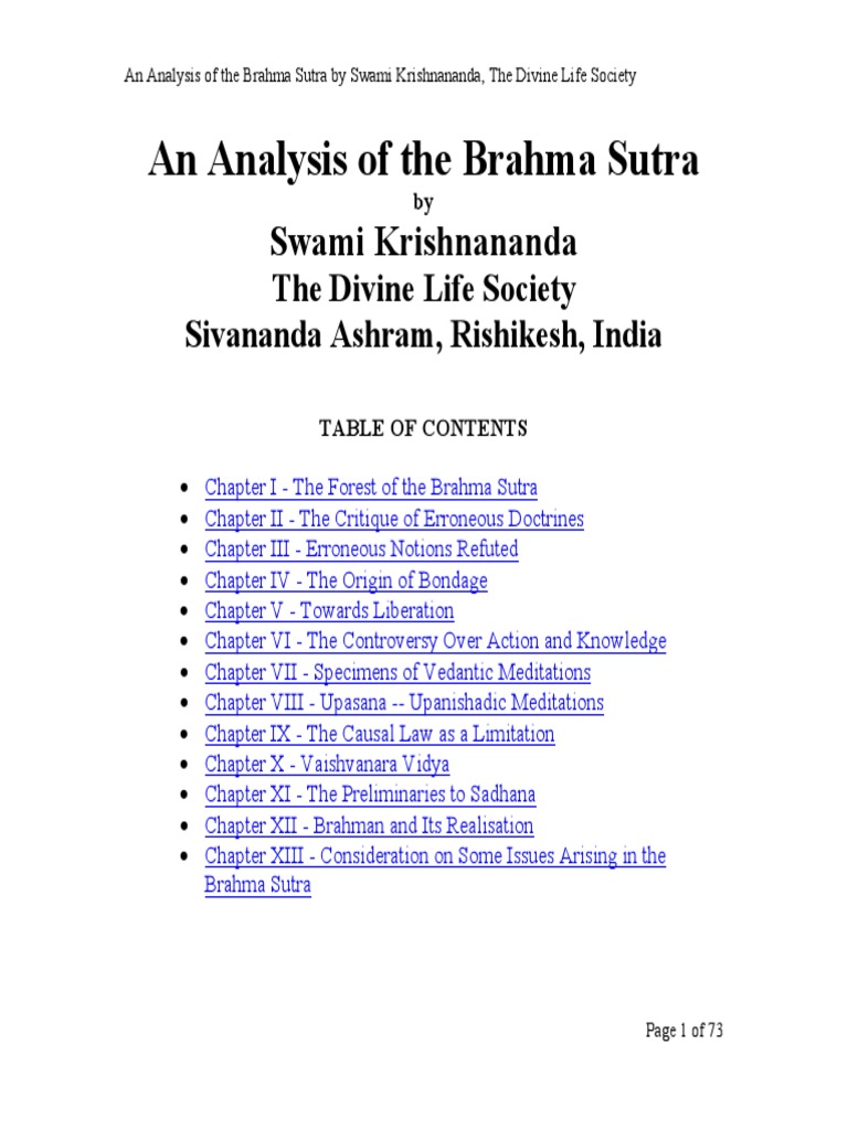 An Analysis of The Brahma Sutra, by Swami Krishnananda PDF | PDF ...