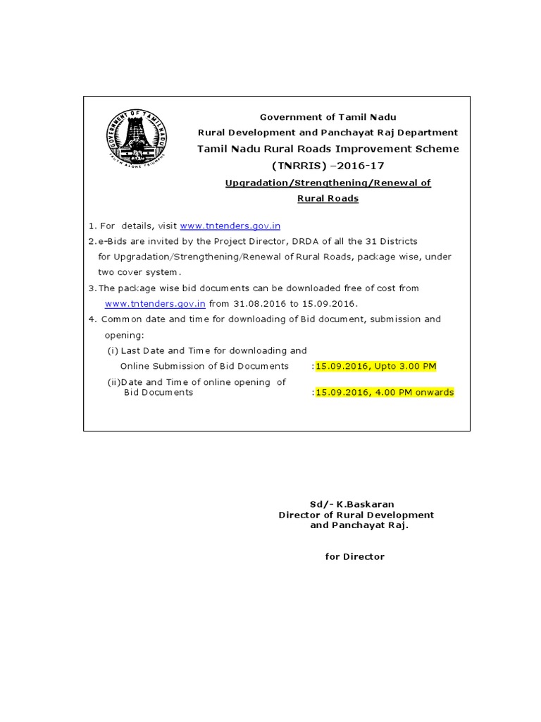 Tamil Nadu Rural Roads Improvement Scheme (TNRRIS) 201617 WWW