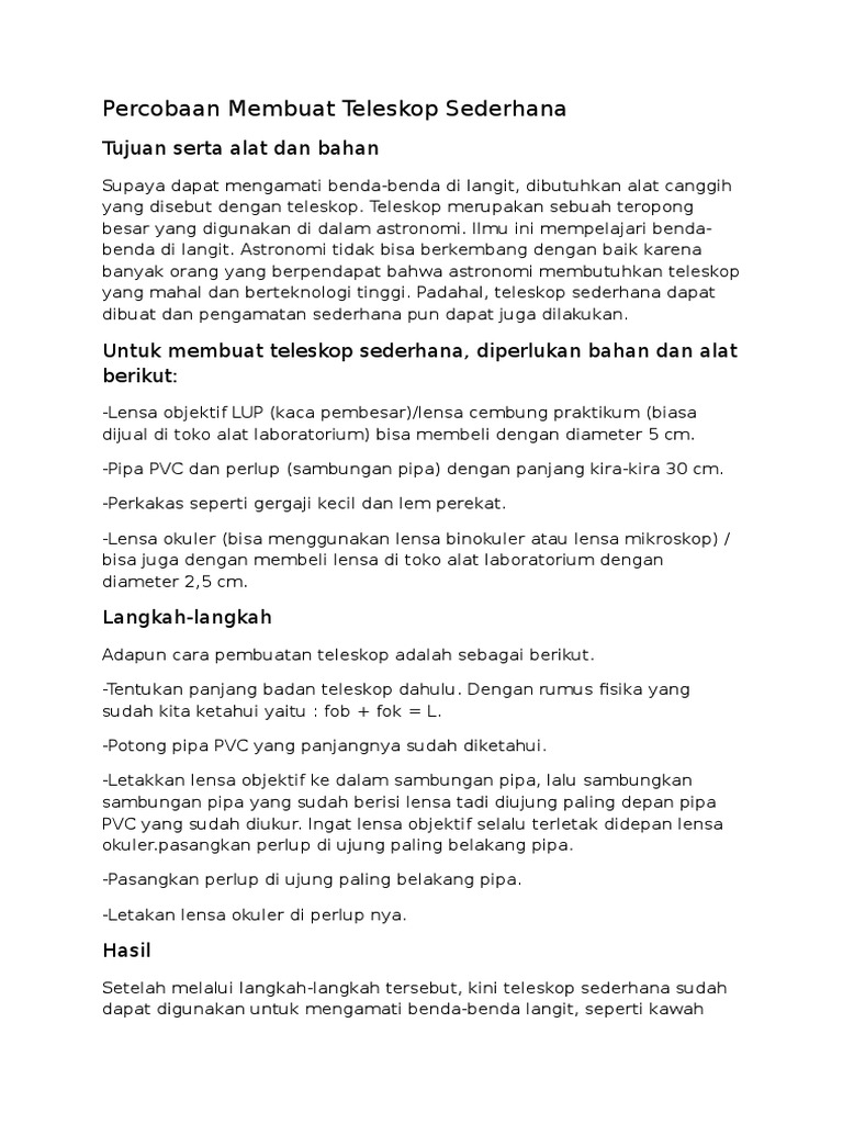 Percobaan Membuat Teleskop Sederhana Teks Laporan Hasil Percobaan