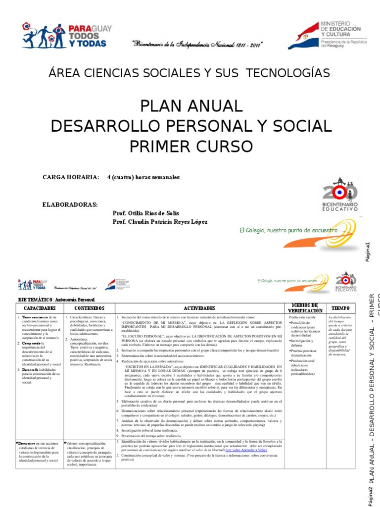 Plan Anual de Desarrollo Personal y Social | PDF | Crecimiento personal ...