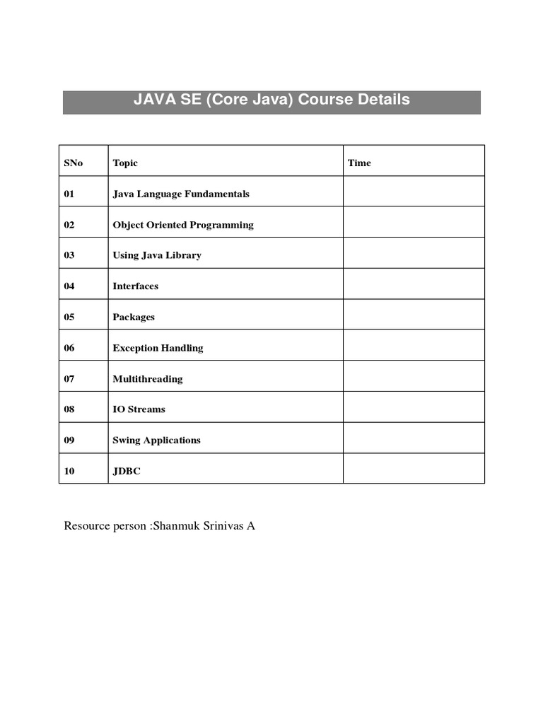 Java Se (Core Java) Course Details: Sno Topic Time | PDF | Java ...