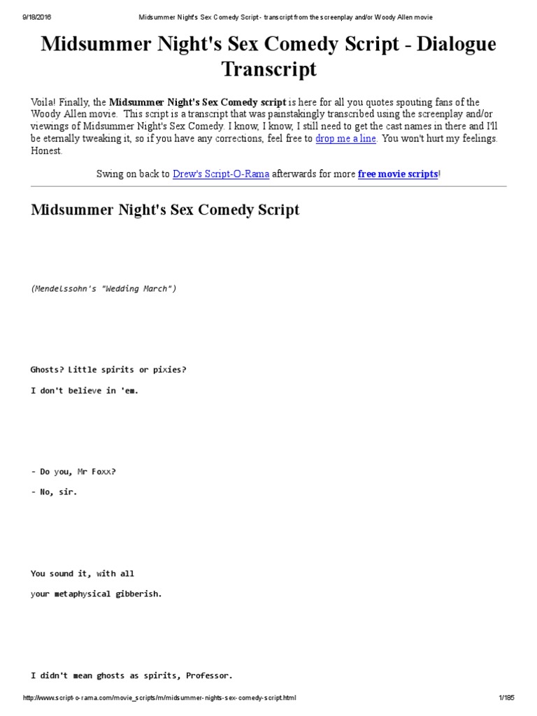 Midsummer Night's Sex Comedy Script | PDF | Screenplay | Mushroom