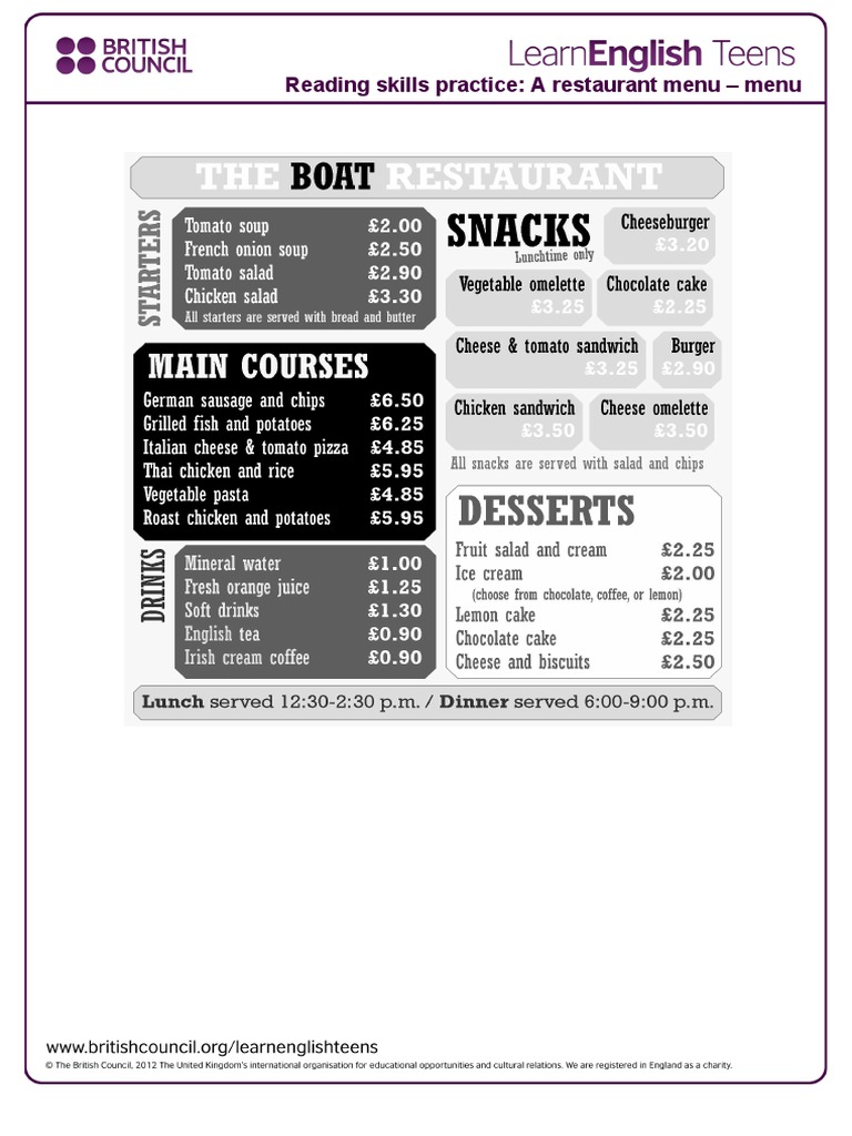 Restaurant Menu Reading Skills Practice | PDF | Restaurants | Gastronomy