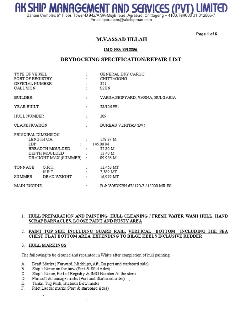 Dry Dock Repair Specification for M.V. Assaad Ullah | PDF | Crane ...